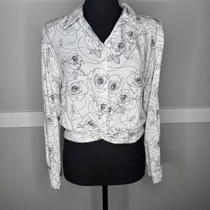 Milk & Honey Womens Medium White Black Rose Floral Smocked Waist Blouse